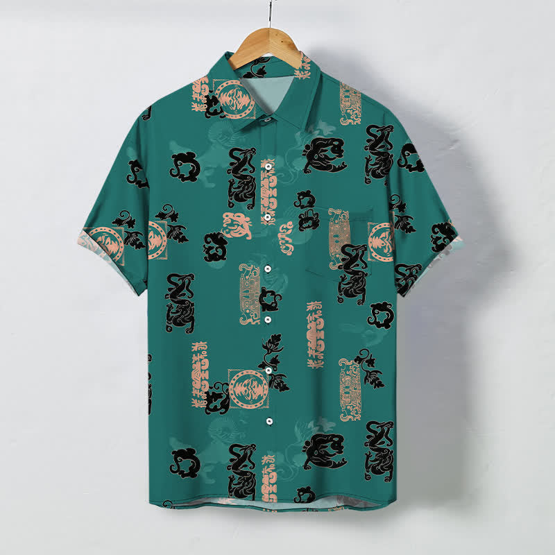 Buddha Stones Vintage-Herrenhemd mit türkisfarbenem Buchstabenmuster und Knöpfen, atmungsaktiv, Kurzarm - Türkis - US/ UK/AU48, EU58 (4XL) - image 0