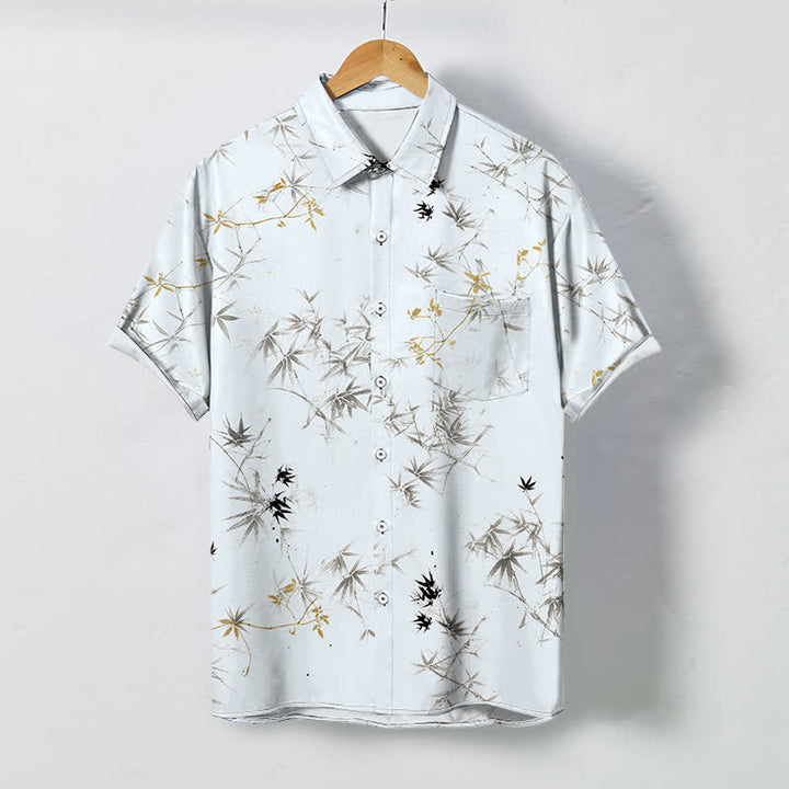 Buddha Stones Kurzarmhemd für Herren mit Bambusblattmuster und Knöpfen, atmungsaktiv - Weiß - US/ UK/AU48, EU58 (4XL) - image 0