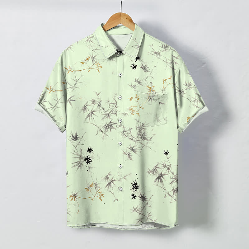 Buddha Stones Kurzarmhemd für Herren mit Bambusblattmuster und Knöpfen, atmungsaktiv - Honigmelone - US/ UK/AU48, EU58 (4XL) - image 3