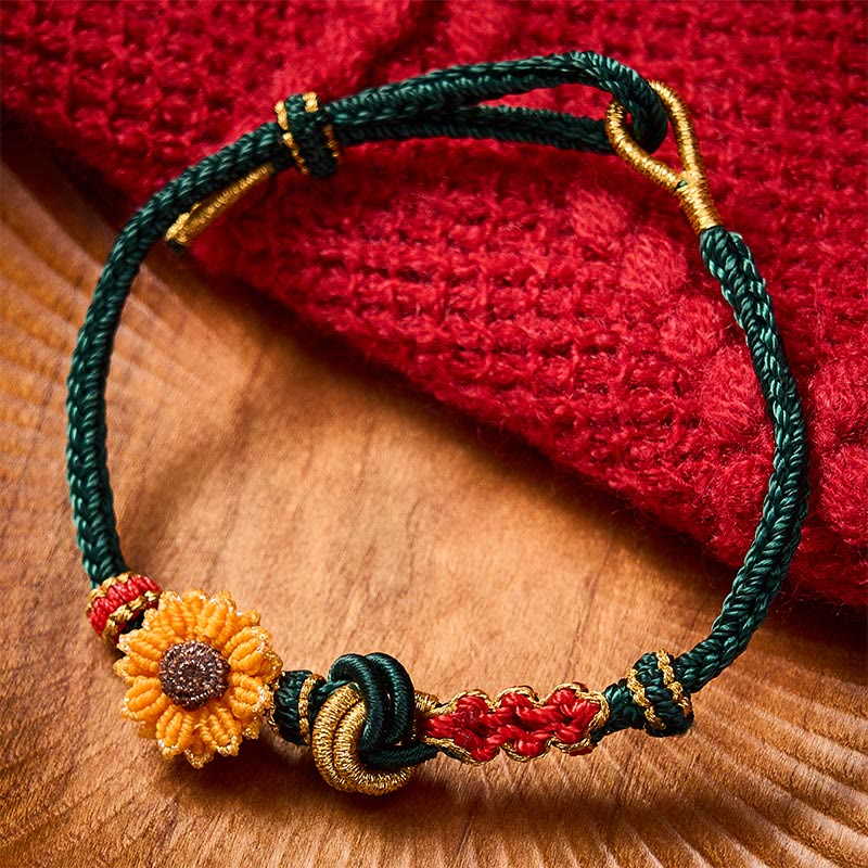 Buddha Stones Handgewebtes rotes Armband mit Pfirsichblüten und Sonnenblumenmotiv – Glücksbringer - image 1