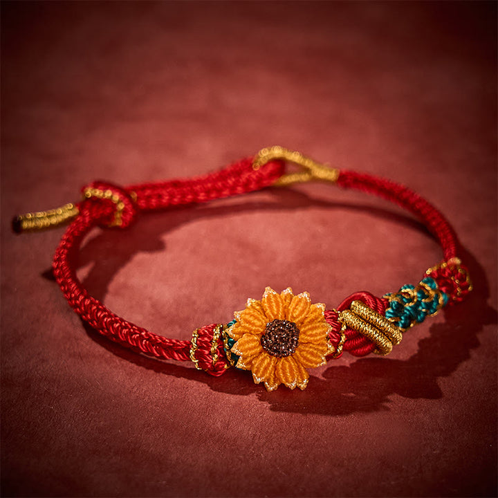Buddha Stones Handgewebtes rotes Armband mit Pfirsichblüten und Sonnenblumenmotiv – Glücksbringer - image 14