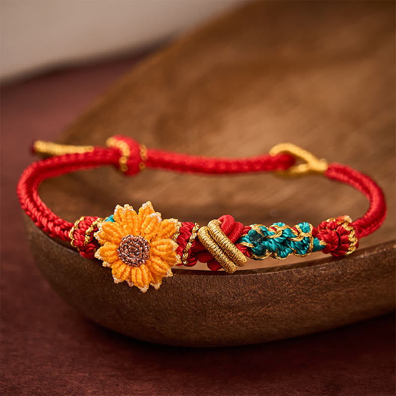 Buddha Stones Handgewebtes rotes Armband mit Pfirsichblüten und Sonnenblumenmotiv – Glücksbringer - image 13