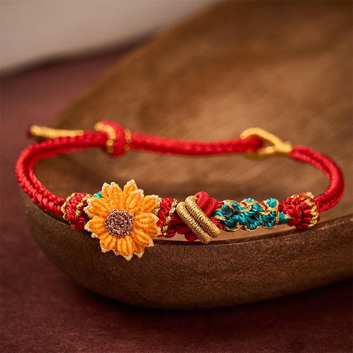 Buddha Stones Handgewebtes rotes Armband mit Pfirsichblüten und Sonnenblumenmotiv – Glücksbringer - image 13