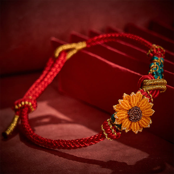 Buddha Stones Handgewebtes rotes Armband mit Pfirsichblüten und Sonnenblumenmotiv – Glücksbringer - image 15