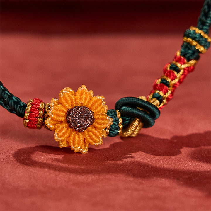 Buddha Stones Handgewebtes rotes Armband mit Pfirsichblüten und Sonnenblumenmotiv – Glücksbringer - image 10