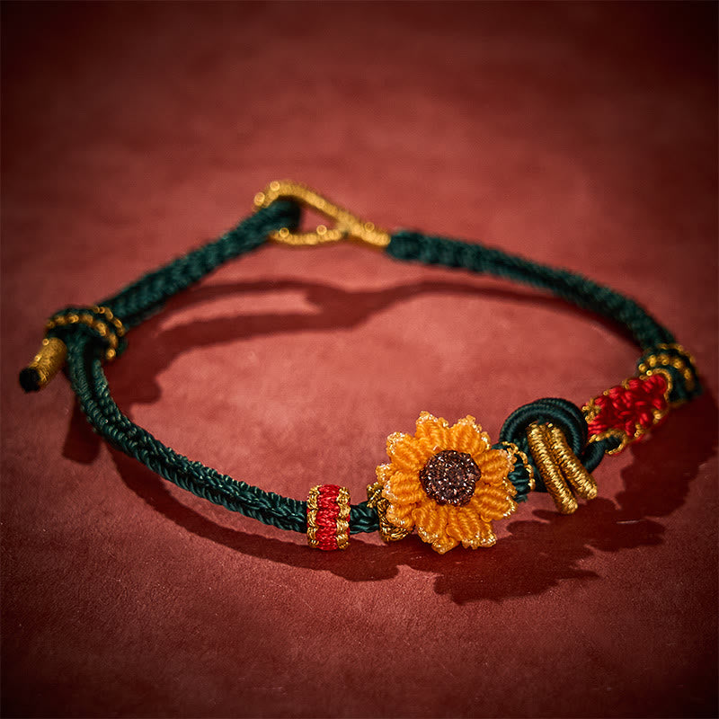 Buddha Stones Handgewebtes rotes Armband mit Pfirsichblüten und Sonnenblumenmotiv – Glücksbringer - image 2