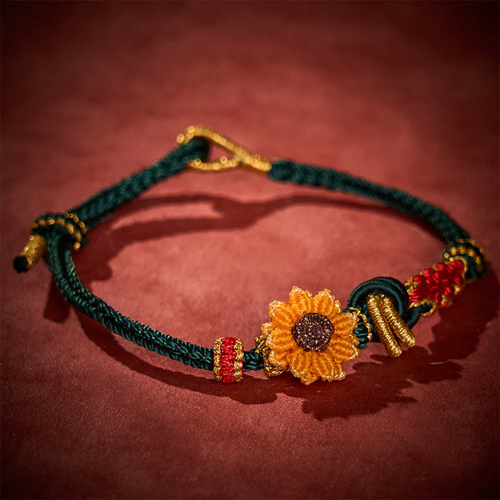 Buddha Stones Handgewebtes rotes Armband mit Pfirsichblüten und Sonnenblumenmotiv – Glücksbringer - image 2