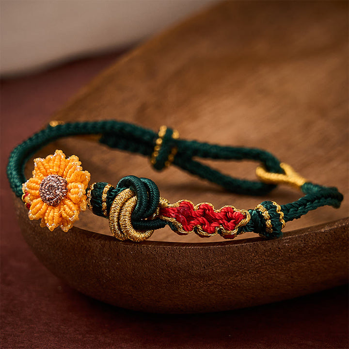 Buddha Stones Handgewebtes rotes Armband mit Pfirsichblüten und Sonnenblumenmotiv – Glücksbringer - image 4