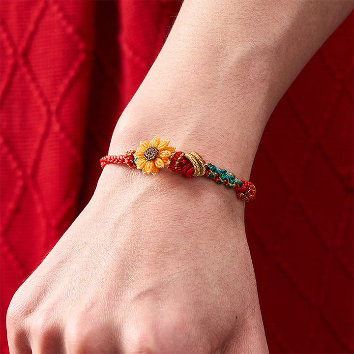 Buddha Stones Handgewebtes rotes Armband mit Pfirsichblüten und Sonnenblumenmotiv – Glücksbringer - image 17