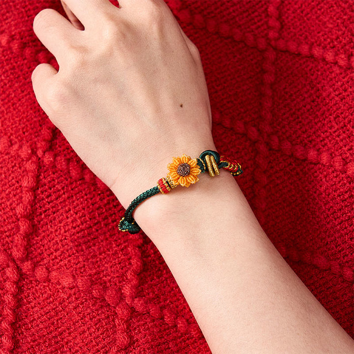 Buddha Stones Handgewebtes rotes Armband mit Pfirsichblüten und Sonnenblumenmotiv – Glücksbringer - image 8