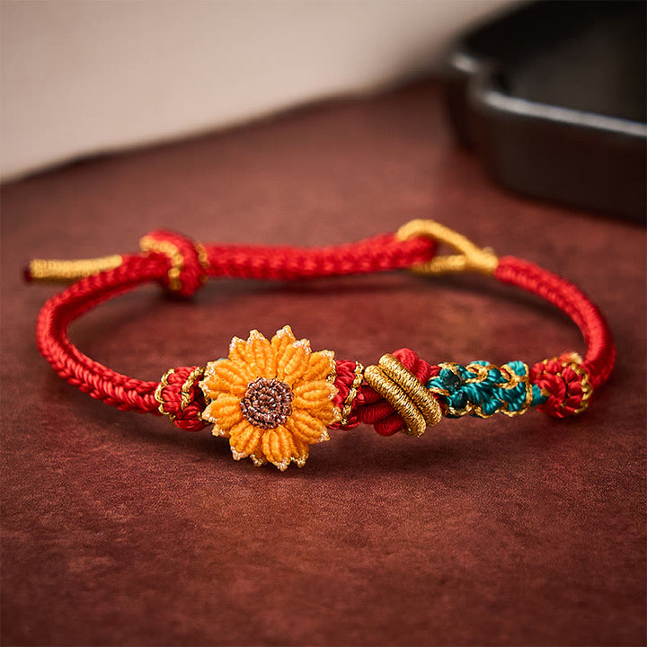 Buddha Stones Handgewebtes rotes Armband mit Pfirsichblüten und Sonnenblumenmotiv – Glücksbringer - Rot (Handgelenkumfang: 14-19 cm) - image 11