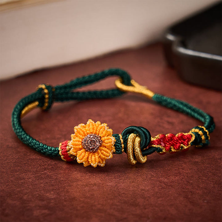 Buddha Stones Handgewebtes rotes Armband mit Pfirsichblüten und Sonnenblumenmotiv – Glücksbringer - Grün (Handgelenkumfang: 14-19 cm) - image 0