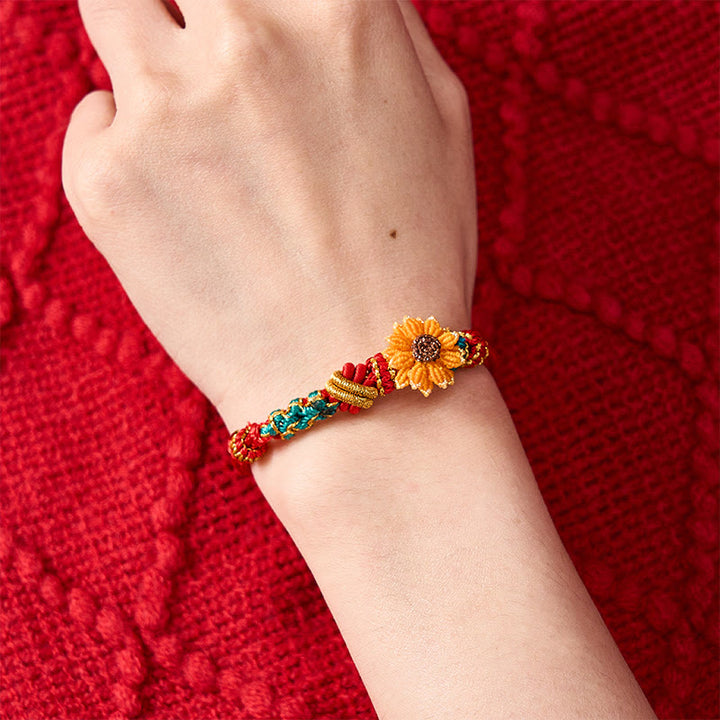 Buddha Stones Handgewebtes rotes Armband mit Pfirsichblüten und Sonnenblumenmotiv – Glücksbringer - image 16
