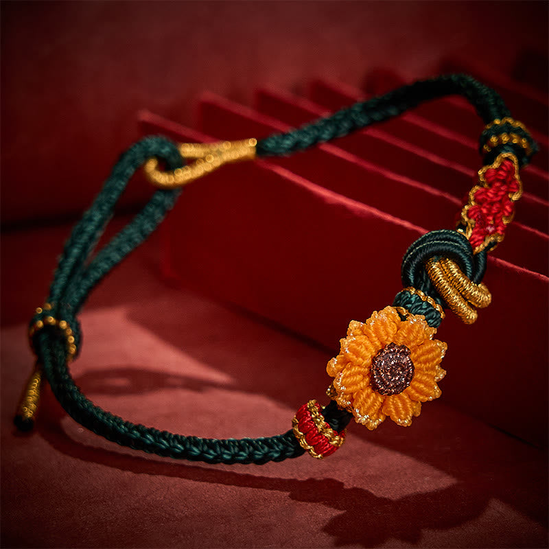 Buddha Stones Handgewebtes rotes Armband mit Pfirsichblüten und Sonnenblumenmotiv – Glücksbringer - image 3