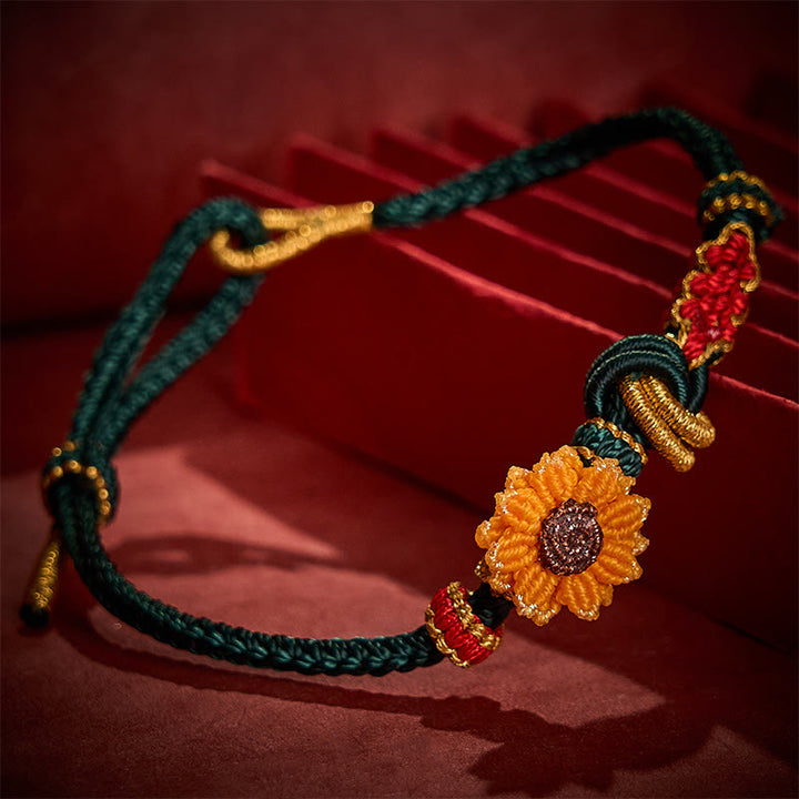 Buddha Stones Handgewebtes rotes Armband mit Pfirsichblüten und Sonnenblumenmotiv – Glücksbringer - image 3