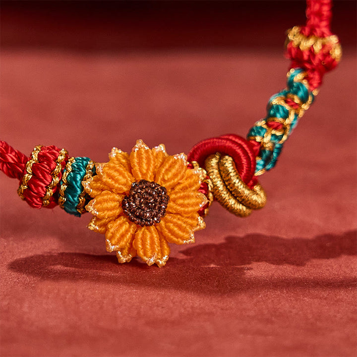 Buddha Stones Handgewebtes rotes Armband mit Pfirsichblüten und Sonnenblumenmotiv – Glücksbringer - image 18