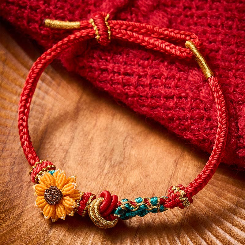 Buddha Stones Handgewebtes rotes Armband mit Pfirsichblüten und Sonnenblumenmotiv – Glücksbringer - image 12