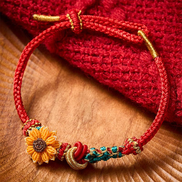 Buddha Stones Handgewebtes rotes Armband mit Pfirsichblüten und Sonnenblumenmotiv – Glücksbringer - image 12