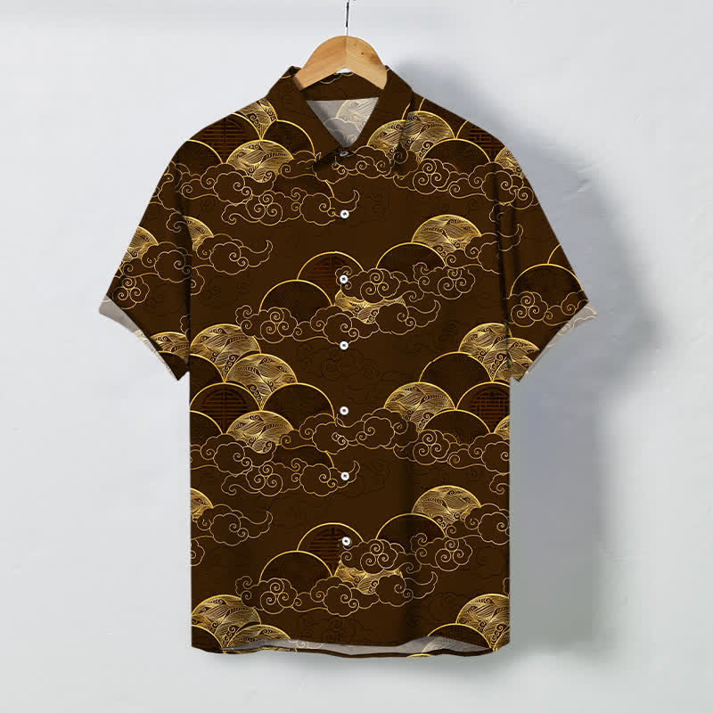 Buddha Stones Atmungsaktives Herren-Kurzarmhemd mit goldenem Wolken-, Wellen- und Mondmuster und Knöpfen - Sattelbraun - US/ UK/AU48, EU58 (4XL) - image 5