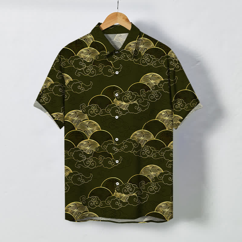 Buddha Stones Atmungsaktives Herren-Kurzarmhemd mit goldenem Wolken-, Wellen- und Mondmuster und Knöpfen - Dunkelolivgrün - US/ UK/AU48, EU58 (4XL) - image 7