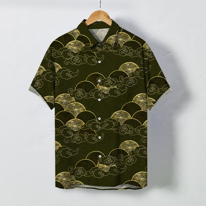 Buddha Stones Atmungsaktives Herren-Kurzarmhemd mit goldenem Wolken-, Wellen- und Mondmuster und Knöpfen - Dunkelolivgrün - US/ UK/AU48, EU58 (4XL) - image 7