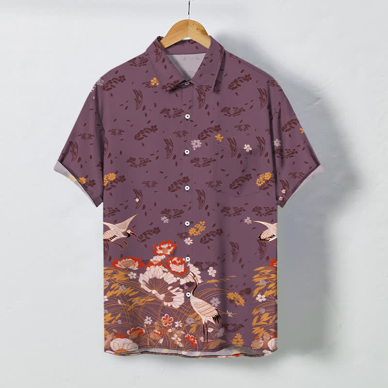 Buddha Stones Atmungsaktives Herren-Kurzarmhemd mit Kranichmuster und Blumenmuster. - Mittelviolettrot - US/ UK/AU48, EU58 (4XL) - image 7
