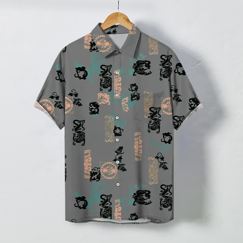 Buddha Stones Vintage-Herrenhemd mit türkisfarbenem Buchstabenmuster und Knöpfen, atmungsaktiv, Kurzarm - Grau - US/ UK/AU48, EU58 (4XL) - image 7