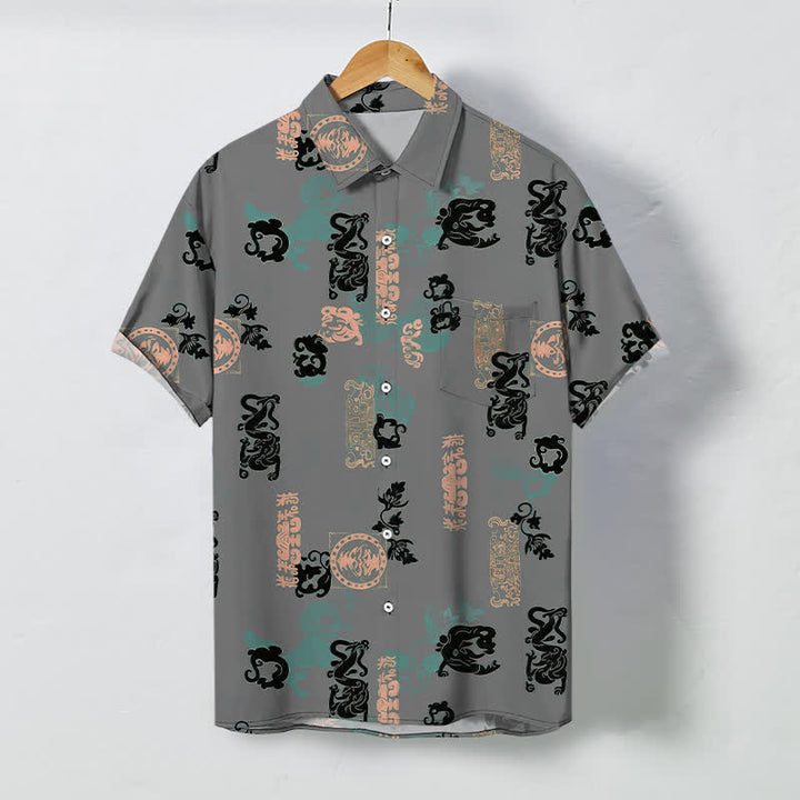 Buddha Stones Vintage-Herrenhemd mit türkisfarbenem Buchstabenmuster und Knöpfen, atmungsaktiv, Kurzarm - Grau - US/ UK/AU48, EU58 (4XL) - image 7