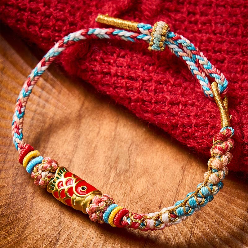 Buddha Stones Handgewebtes Seilarmband mit Pfirsichblütenmotiv und Koi-Fisch-Erfolgssymbol - Koi-Karpfen (Handgelenkumfang: 14-19 cm) - image 0