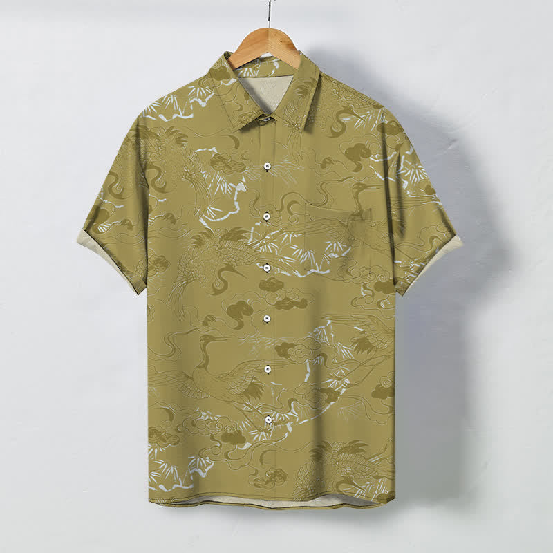 Buddha Stones Atmungsaktives Herren-Kurzarmhemd mit Wolkenkranichmuster und Knöpfen - Dunkelkhaki - US/ UK/AU48, EU58 (4XL) - image 7
