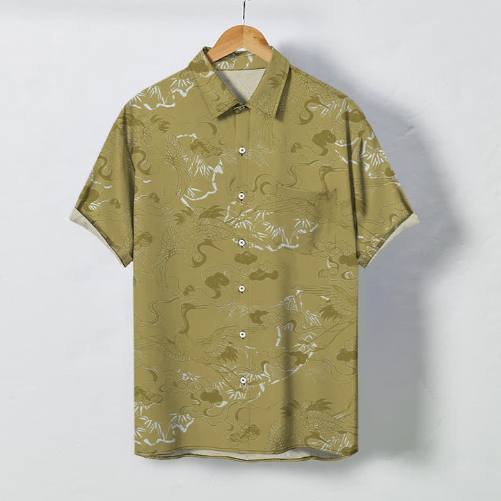 Buddha Stones Atmungsaktives Herren-Kurzarmhemd mit Wolkenkranichmuster und Knöpfen - Dunkelkhaki - US/ UK/AU48, EU58 (4XL) - image 7