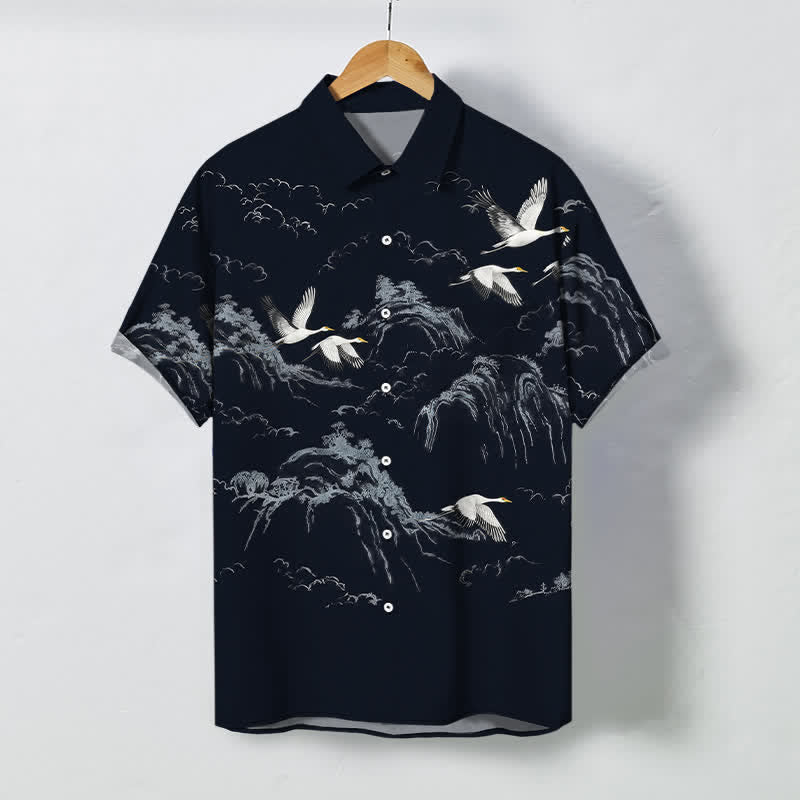 Buddha Stones Kurzarmhemd mit Kranich-, Berg- und Wolkenmuster, atmungsaktiv, mit Knöpfen - Marine - US/ UK/AU48, EU58 (4XL) - image 0