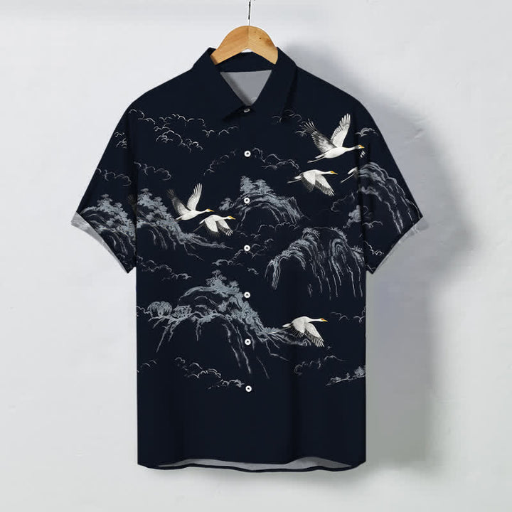 Buddha Stones Kurzarmhemd mit Kranich-, Berg- und Wolkenmuster, atmungsaktiv, mit Knöpfen - Marine - US/ UK/AU48, EU58 (4XL) - image 0