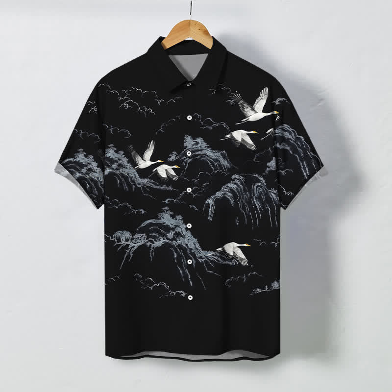 Buddha Stones Kurzarmhemd mit Kranich-, Berg- und Wolkenmuster, atmungsaktiv, mit Knöpfen - Schwarz - US/ UK/AU48, EU58 (4XL) - image 5