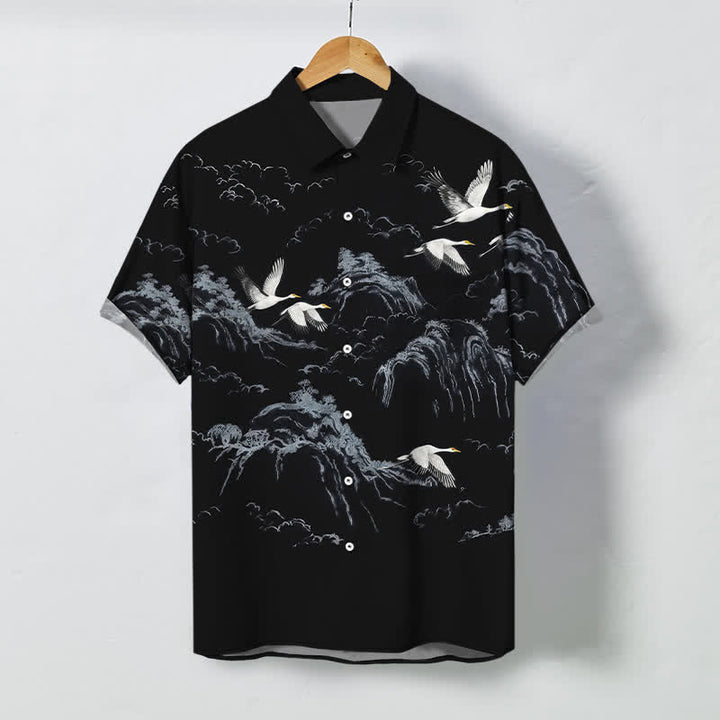 Buddha Stones Kurzarmhemd mit Kranich-, Berg- und Wolkenmuster, atmungsaktiv, mit Knöpfen - Schwarz - US/ UK/AU48, EU58 (4XL) - image 5