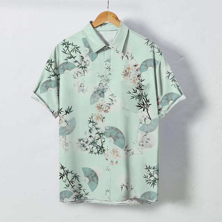 Buddha Stones Atmungsaktives Herren-Kurzarmhemd mit Fächerdesign, Bambusblütenmuster und Knöpfen in Mint-Tönen - Honigmelone - US/ UK/AU48, EU58 (4XL) - image 3