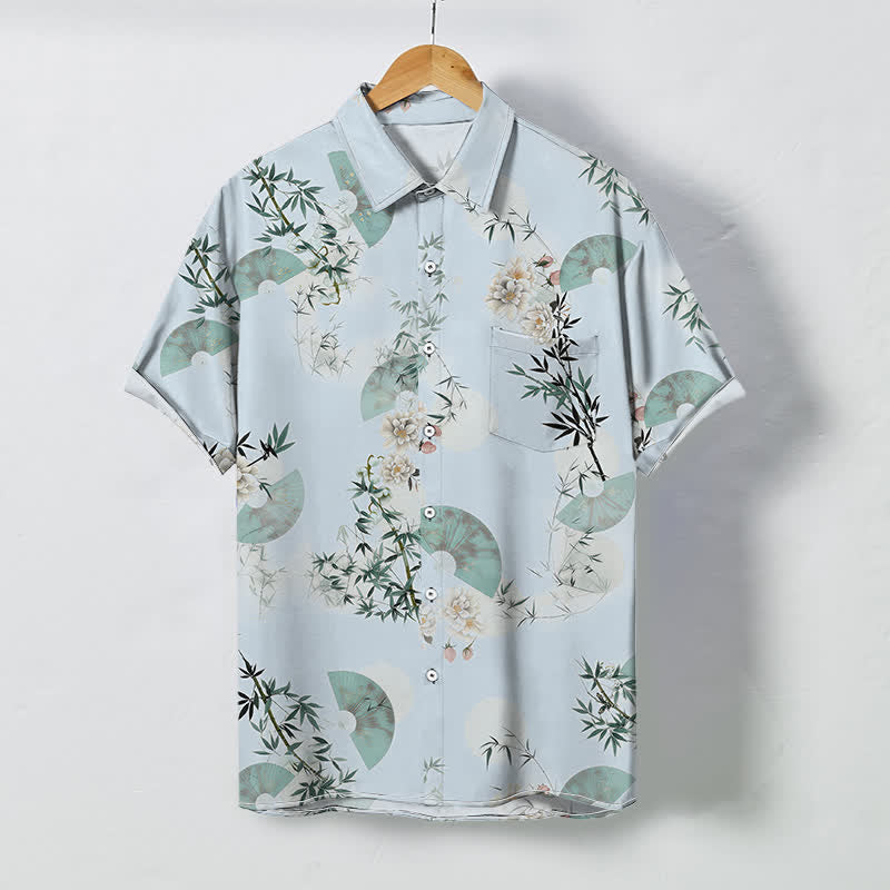 Buddha Stones Atmungsaktives Herren-Kurzarmhemd mit Fächerdesign, Bambusblütenmuster und Knöpfen in Mint-Tönen - Hellblau - US/ UK/AU48, EU58 (4XL) - image 5
