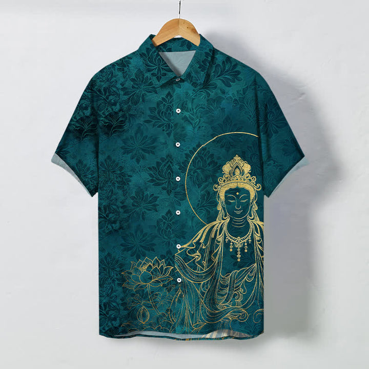 Buddha Stones Vintage Herren-Kurzarmhemd mit botanischem Lotusmotivmuster, Knöpfen und knitterfreiem Material - Türkis - US/ UK/AU48, EU58 (4XL) - image 5