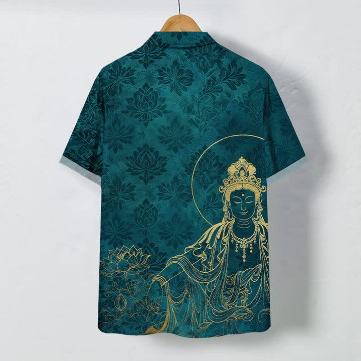 Buddha Stones Vintage Herren-Kurzarmhemd mit botanischem Lotusmotivmuster, Knöpfen und knitterfreiem Material - image 6