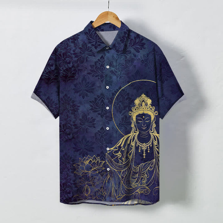 Buddha Stones Vintage Herren-Kurzarmhemd mit botanischem Lotusmotivmuster, Knöpfen und knitterfreiem Material - Dunkelschieferblau - US/ UK/AU48, EU58 (4XL) - image 7