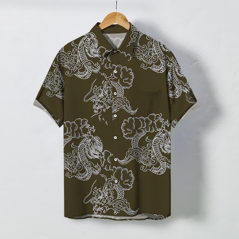 Buddha Stones Atmungsaktives Herren-Kurzarmhemd mit Vintage-Blumenmuster und Knöpfen - Dunkelolivgrün - US/ UK/AU48, EU58 (4XL) - image 5