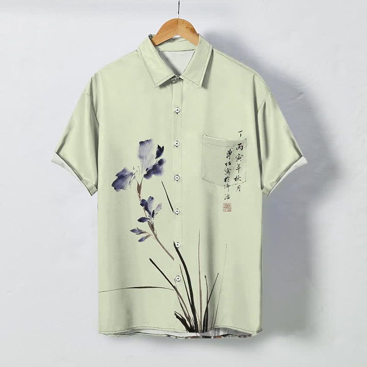 Buddha Stones Atmungsaktives Herren-Kurzarmhemd mit floralem Kalligrafie-Siegelmuster und Knöpfen - Hellgrün - US/ UK/AU48, EU58 (4XL) - image 5