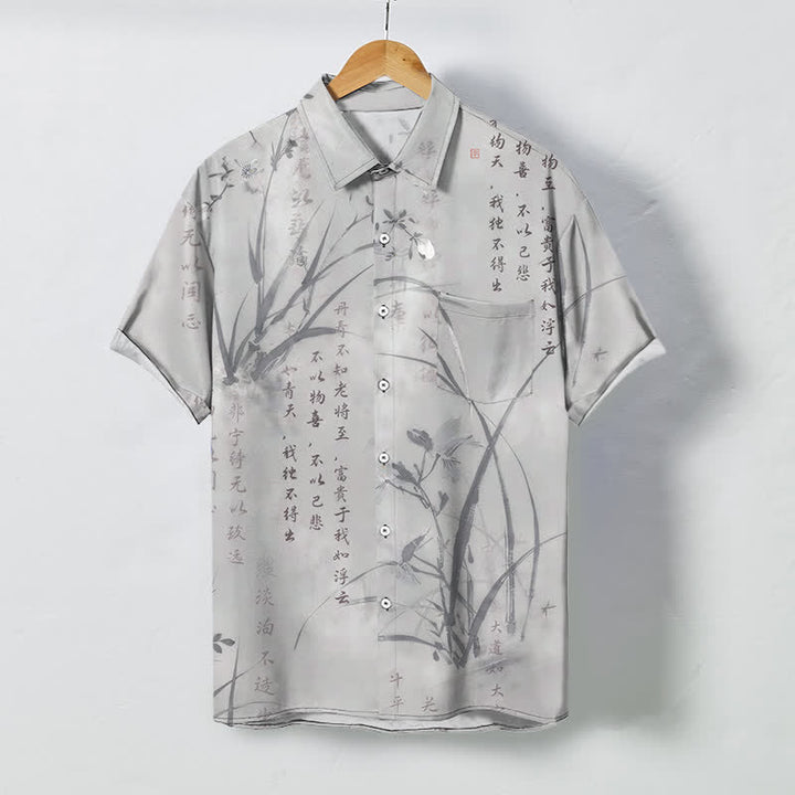 Buddha Stones Atmungsaktives Herren-Kurzarmhemd mit Knöpfen und Bambus-Kalligrafiemuster - Hellgrau - US/ UK/AU48, EU58 (4XL) - image 5