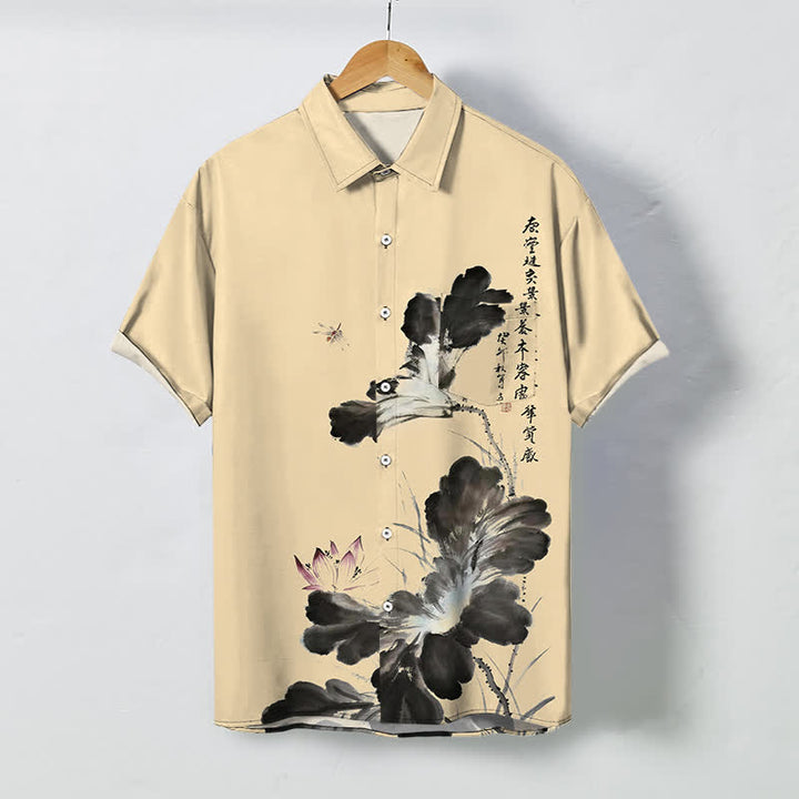 Buddha Stones Atmungsaktives Herren-Kurzarmhemd mit Knöpfen und floralem Kalligrafiemuster. - Weizen - US/ UK/AU48, EU58 (4XL) - image 5