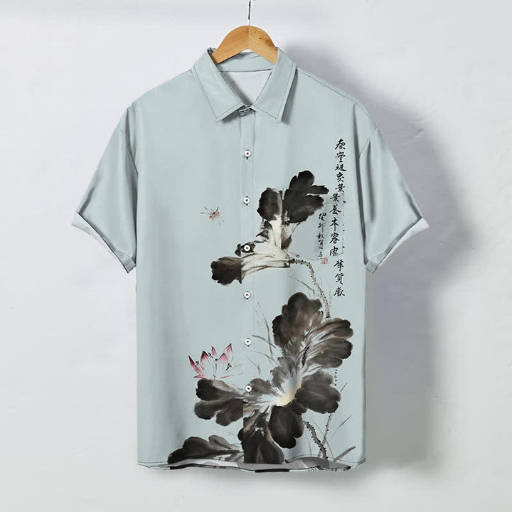 Buddha Stones Atmungsaktives Herren-Kurzarmhemd mit Knöpfen und floralem Kalligrafiemuster. - Hellblau - US/ UK/AU48, EU58 (4XL) - image 7