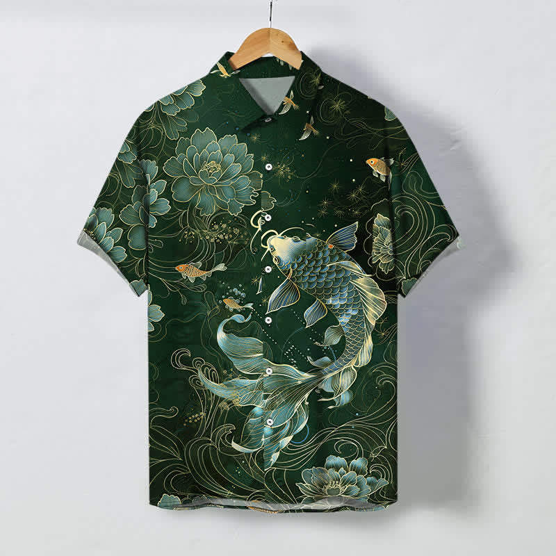 Buddha Stones Atmungsaktives Herren-Kurzarmhemd mit blauem Koi-Lotus-Muster und Knöpfen - Dunkelgrün - US/ UK/AU48, EU58 (4XL) - image 5