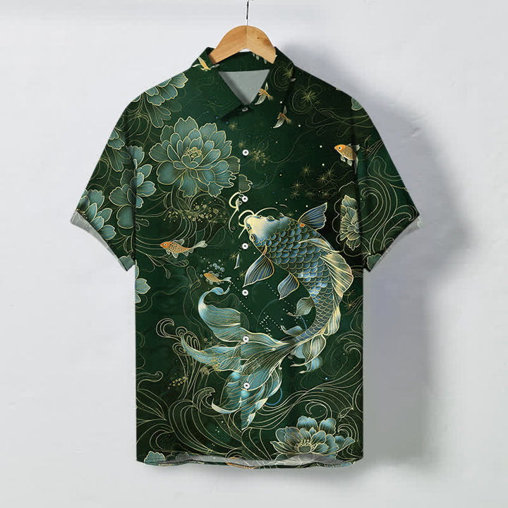 Buddha Stones Atmungsaktives Herren-Kurzarmhemd mit blauem Koi-Lotus-Muster und Knöpfen - Dunkelgrün - US/ UK/AU48, EU58 (4XL) - image 5