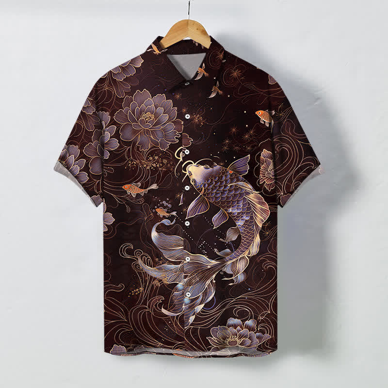Buddha Stones Atmungsaktives Herren-Kurzarmhemd mit blauem Koi-Lotus-Muster und Knöpfen - Kastanienbraun - US/ UK/AU48, EU58 (4XL) - image 7