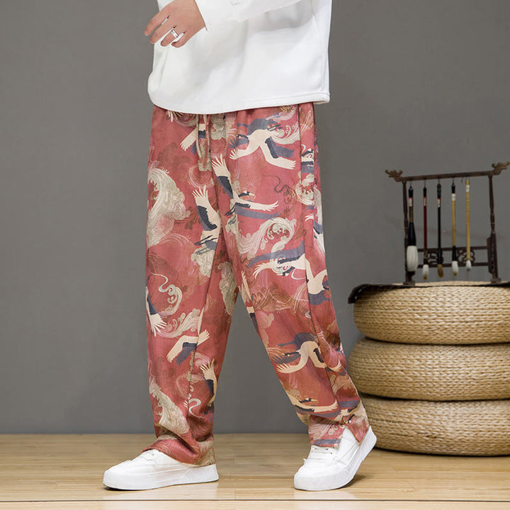 Buddha Stones Lässige Haremshose mit Kranichmuster, Kordelzug und Taschen für Herren – ideal für Frühling und Sommer - IndianRed - US/ UK/AU44, EU54 (4XL) - image 9