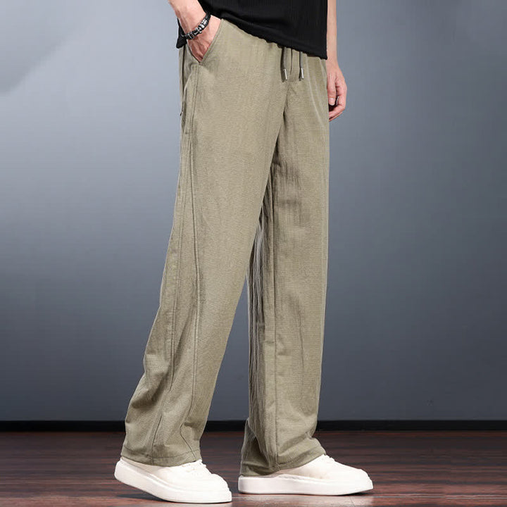 Buddha Stones Lässige, minimalistische lange Herrenhose mit Kordelzug, elastischem Bund und Taschen für Frühling und Sommer - image 1